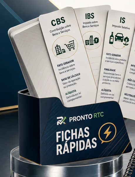 Mockup do bônus Fichas Rápidas — baralho com CBS, IBS, IS e IVA Dual