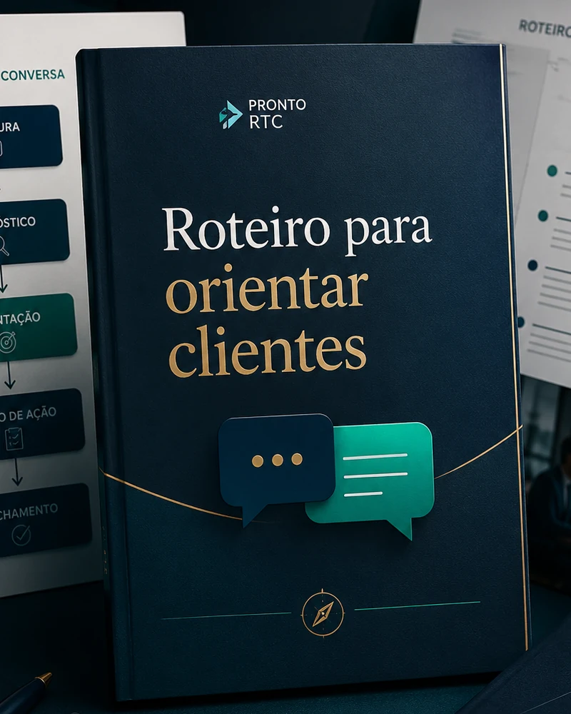 Mockup do bônus Roteiro para Orientar Clientes — script de abertura, diagnóstico, orientação, plano de ação e fechamento